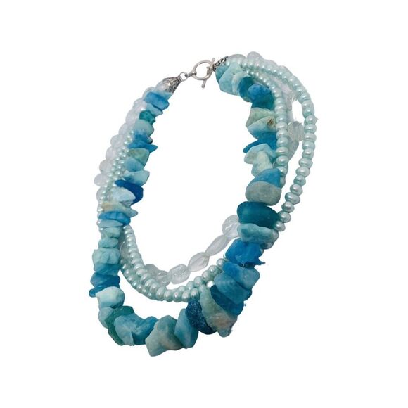 Blue Pearl Layered Necklace 16.5" 925 Sterling Silver Gemstone Trendy - Picture 4 of 11